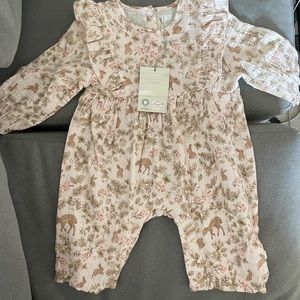 WOODLAND PRINT ORGANIC MUSLIN FLUTTER BABY JUMPSUIT